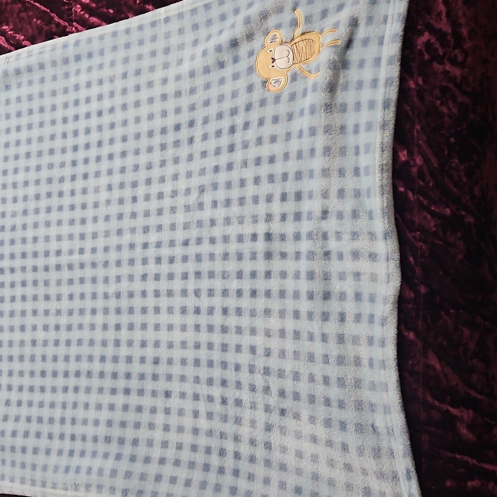 Blue Checkered Baby Blanket with Monkey Design - Picture 3 of 3